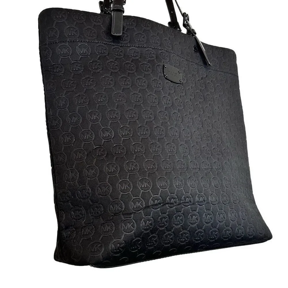 Michael Kors Signature Logo Embossed Neoprene Tote Shoulder Bag Black Large